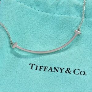 Tiffany & Co Sterling Silver Small T Smile Pendant 16- 18" Necklace